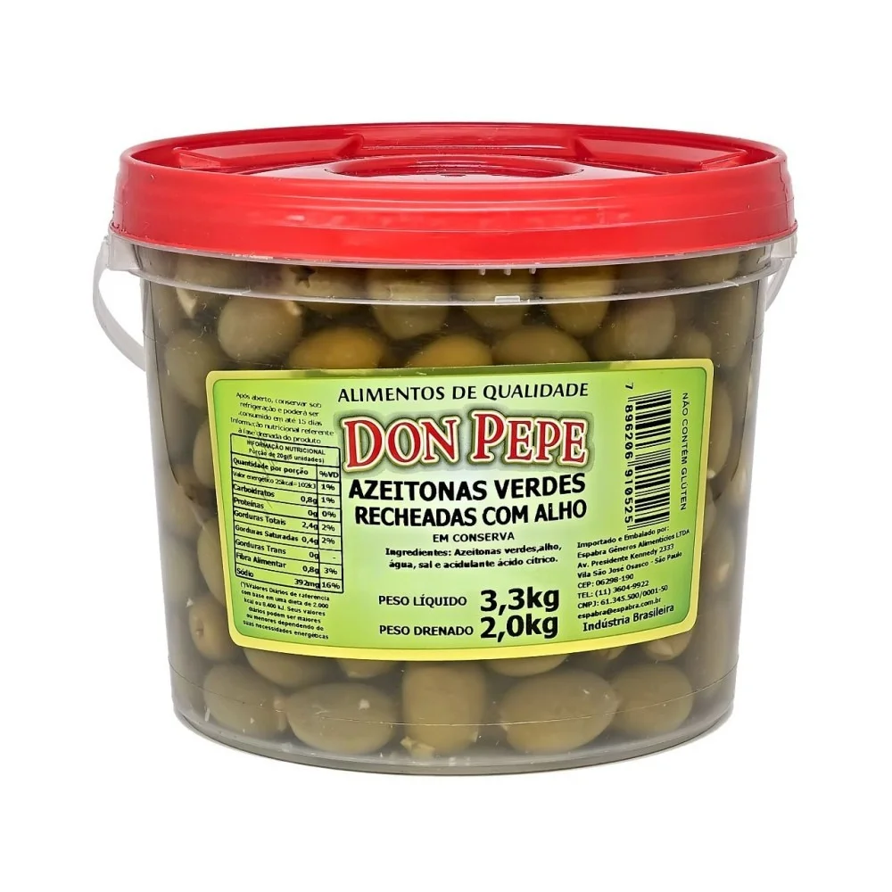 Balde de Azeitona Verde Recheada com Alho em Conserva Don Pepe (3,3Kg)