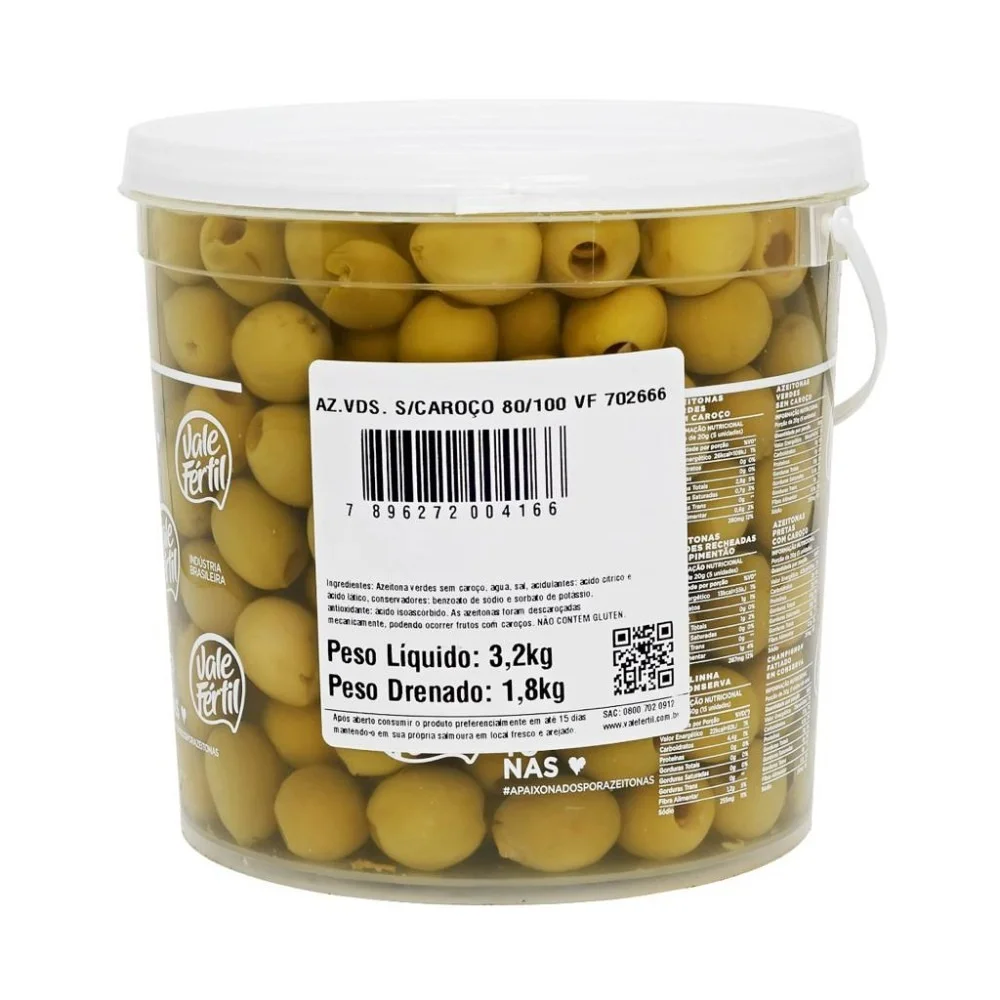 Balde Azeitona Verde Gordal sem Caroço Vale Fértil 3,2Kg
