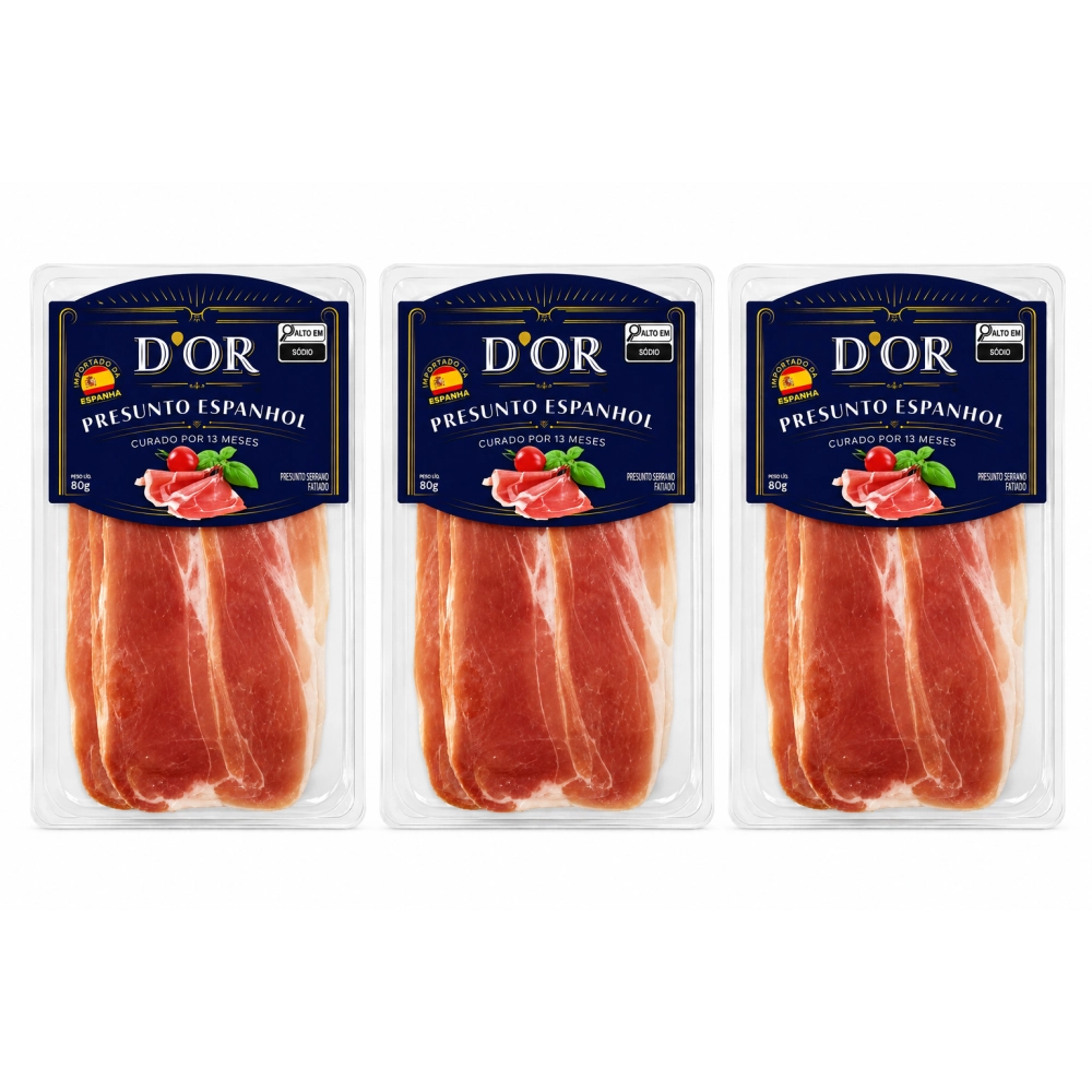 Kit com 3 Presunto Serrano Fatiado DOR 80g